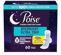 Poise Overnight Ultra Thin Incontinence & Postpartum Pads with Wings for Bladder Leaks, 8 Drop Extra Absorbent, Long Length, 60 Count (3 Packs of 20)