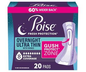Poise Overnight Ultra Thin Incontinence & Postpartum Pads with Wings for Bladder Leaks, 8 Drop Extra Absorbent, Long Length, 20 Count
