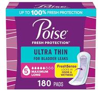 Poise Ultra Thin Incontinence Pads & Postpartum Pads for Bladder Leaks, 5 Drop Maximum Absorbency, Long Length, 180 Count, Packaging May Vary