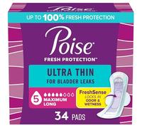 Poise Ultra Thin Incontinence Pads with Wings & Postpartum Incontinence Pads, 5 Drop Maximum Absorbency, Long Length, 34 Count, Packaging May Vary