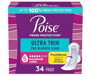 Poise Ultra Thin Incontinence Pads with Wings & Postpartum Incontinence Pads, 5 Drop Maximum Absorbency, Long Length, 34 Count, Packaging May Vary