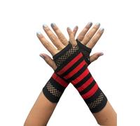 Poizen Industries Striped Mesh Gloves Gothic Punk Fingerless Fishnet Arm Warmers, Black-Red