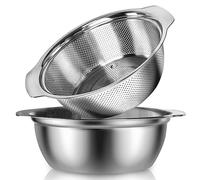 POJORY 304 Stainless Steel Colander With Handle, 3.5-Quart Micro-Perforated Strainer Colander Set with Mixing Bowl, BPA Free, Great for Draining Cooked Pasta, Noodles, Vegetables, Fruits and Rice(2PC)