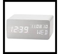 Pokanic Wood Digital Alarm Clock Desk Time, Date(MM/DD/YY), Day of The Week, Temperature, Nightlight Large LED Display Portable Lamp Bedroom, Office, School, Home, Livingroom, Room (White)