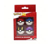 Pokémon 3D Poké Ball Erasers 4 Pack - Official Pikachu Stationery Set with PokéBall, Great, Ultra & Master Ball Designs - Kids School Art Supplies & Party Bag Fillers