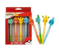 Pokemon 4 Pack Character Ballpoint Pens - Pikachu, Charmander, Squirtle & Bulbasaur Retractable Blue Ink Pens, Kids School Stationery Gift Set