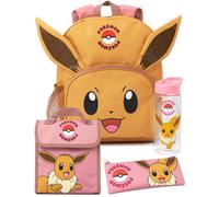 Pokémon Eevee Brown Pink 4-Piece Backpack Set | Kids Rucksack with Lunch Bag, Pencil Case & Water Bottle | School Accessories Bundle | Back to School Essentials Merch