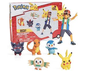 Pokémon Battle Ready Figure Set - 4.5" Ash & Pikachu, 2" Charmander, Rowlet, Piplup, Zorua - Officially Licensed Easter Basket Stuffer for Kids