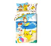 Pokémon Beach Single Duvet Cover 140x200 + Pillowcase 65x65 100% Cotton | Reversible bedding | Natural cotton breathable | Official Pokémon licence | Age 4-12 | Gift idea | Machine washable