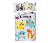 Pokemon Bedding Set with Charmander, Squirt, Pikachu and Bulbasarre, Duvet Cover 140 x 200 cm + Pillowcase 70 x 90 cm, Grey