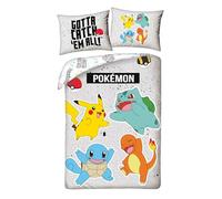 Pokemon Bedding Set with Charmander, Squirt, Pikachu and Bulbasarre, Duvet Cover 140 x 200 cm + Pillowcase 70 x 90 cm, Grey