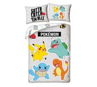 Pokemon Bedding Set with Charmander, Squirt, Pikachu and Bulbasarre, Duvet Cover 140 x 200 cm + Pillowcase 70 x 90 cm, Grey