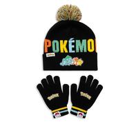 Pokémon Boys Hat & Gloves Set - Kids Bobble Beanie Hat with & Stretch Gloves, Black Winter Knit Accessories Set, 100% Acrylic, One Size