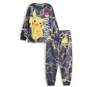 Pokemon Pikachu Boys Pyjama Set | Kids Pikachu Character Graphic Long Sleeve Top & Long Leg PJ Bottoms in Black | Childrens Pokeball & Lightning Print Nightwear | TV Series Game Merchandise Gift