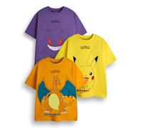 Pokemon Boys T-Shirt Pack of 3 | Yellow, Orange & Purple Short Sleeve Graphic Tee Bundle | Pikachu Charizard Gengar Gaming Multi-Pack Clothing Set | Game TV Series Movie Merchandise Gift Bundle