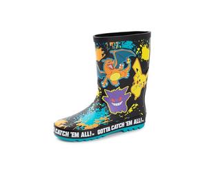 Pokemon Boys Wellington Boots | Kids Wellies with Pikachu, Gengar & Charizard Character Print in Black | Childrens Water Resistant Rubber Boots with Paint Splatter | Classic TV Series Merchandise Gift