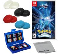 Pokemon Brilliant Diamond, Compatible with Nintendo Switch (US Version), with PremGear Thumb Grips (8 pack - Black, Blue, Red & Clear), 24 Slot Game Card Holder & Cleaning Cloth
