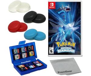 Pokemon Brilliant Diamond, Compatible with Nintendo Switch (US Version), with PremGear Thumb Grips (8 pack - Black, Blue, Red & Clear), 24 Slot Game Card Holder & Cleaning Cloth