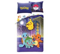Pokémon City Single Duvet Cover 140x200 + Pillowcase Pikachu | Reversible bedding | Soft microfibre quick dry Oeko-Tex | Bulbasaur official licence | Age 4-12 | Gift | Machine washable