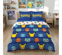 Pokémon Double Duvet Cover 240x220 + 2 Pillowcases 65x65 Pikachu Reversible | Double bedding | Microfibre Oeko-Tex quick dry | Pikachu Charmander Bulbasaur Squirtle | 2 designs | Gift