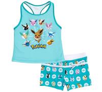 Pokemon Girls Eevee Racerback Tankini Top & Swim Shorts UPF 50+ Outfit Set for Little Kids to Big Kids Sizes 4-14-16, turquoise, 7-8