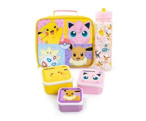 Pokemon Girls Lunch Bag Set | Kids 5 Piece Zip Dinner Bag, Water Bottle and Snack Pot Bundle in Pink & Yellow | Pikachu, Jiggly Puff, Eevee, Togepi Besties Characters | Game TV Series Merchandise Gift