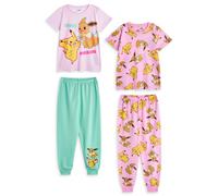 Pokemon Girls Pyjama Set | Kids Pikachu & Eevee Graphic Short Sleeve Top & Long Leg PJ Bottoms in Pink & Green | Childrens Character All Over Print Nightwear | Animated TV Series Merchandise Gift