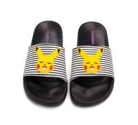 (UK Child 10) Pokemon Sliders For Girls | Kids Pikachu Face Sandals Beach Shower Shoes | Childrens Striped Black White Flip Flops Summer Footwear Game Merchandise
