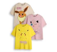 Pokemon Girls T-Shirt Pack of 3 | Yellow, Pink & Brown Short Sleeve Graphic Tee Bundle | Pikachu Jigglypuff Eevee Multi-Pack Clothing Set | Game TV Series Movie Merchandise Gift Bundle