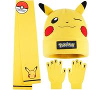 Pokemon Gloves, Scarf & Beanie Hat Set for Kids 8-10 Years, 3 Pcs Soft Knit Pikachu Winter Accessories, Anime Gifts for Boys