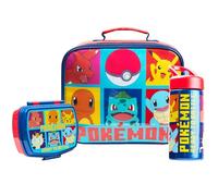 Pokemon Kids Lunch Bag Insulated for Kids 3 Piece Set with Snack Lunch Box and Water Bottle Pikachu Travel Holiday School Supplies Anime Gifts (Red/Blue)