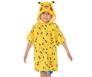 Pokemon Kids Towel Poncho | Yellow Bath Towel with 3D Ears For Boys & Girls | Pikachu All Over Print Swimwear Beach Graphic Changing Robe | Cosy Hooded Swim Accessory Merchandise Gift for Children