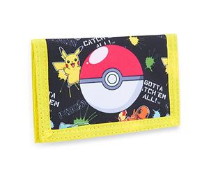 Pokemon Kids Trifold Wallet with Zipped Coin Compartment and Clear ID Pocket (Black/Yellow)