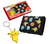 Pokemon Wallet Kids Teenagers Anime Trifold Canvas Wallet with ID Pocket Coin Purse & Keyring Pikachu Gift Set for Travel Outdoors Sports Gamer Gifts (Black/Yellow)