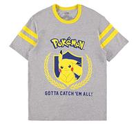 Pokemon Ladies Pikachu Game Shirt - Gotta Catch Em All - Ash Pikachu Charizard Pokeball Varsity Stripe Sleeve Athletic Tee, Heather, XS