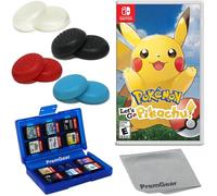 Pokémon: Let's Go, Pikachu! for Nintendo Switch (US Version), with PremGear Thumb Grips (8 pack - Black, Blue, Red & Clear), 24 Slot Game Card Holder & Cleaning Cloth