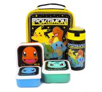 Pokemon Lunch Bag Set | Adventure with Pikachu, Bulbasaur, Squirtle, Charmander | 5-Piece School Dinner Bag with BPA-Free Water Bottle & Snack Pots | One Size Fun
