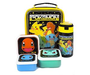 Pokemon Lunch Bag Set | Adventure with Pikachu, Bulbasaur, Squirtle, Charmander | 5-Piece School Dinner Bag with BPA-Free Water Bottle & Snack Pots | One Size Fun
