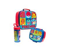 Pokemon Kids Insulated Lunch Bag, Box and Bottle, 3 Piece Set - Anime Gifts (Red/Blue)