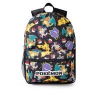 Pokémon Pikachu Charizard Gengar Meowth Backpack in Black | Kids Character All Over Print Bag | Adjustable Shoulder Straps, Front Pocket & Mesh Holder