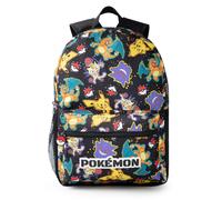 Pokémon Pikachu Charizard Gengar Meowth Backpack in Black | Kids Character All Over Print Bag | Adjustable Shoulder Straps, Front Pocket & Mesh Holder