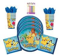 Pokemon Party Supplies Pack Serves 16: Dinner Plates Napkins & Cups with Birthday Candles (Bundle for16)