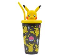 Pokemon Pikachu 3D Figure Lid Soda Cup with Straw 600ml - Kids BPA-Free Plastic Drinks Cup, Screw Top Lid, Reusable Cold Drink Tumbler with Pikachu & Poké Ball Design for Home School Travel