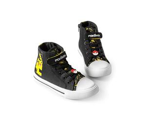 Pokémon Pikachu Boys High-Top Trainers with Hook and Loop Strap | Pika Kids Black Yellow Lightning Bolt Footwear | Pokeball Merchandise Pokemon Merch | Back to School Shoe - 2 UK Child