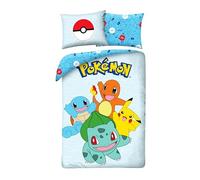 POKEMON PIKACHU Bulbasaur Charizard Squirtle - Bedding Set Duvet Cover 140 x 200 cm + Pillowcase 70 x 90 cm - Reversible - 100% Cotton Oeko-Tex - Light Blue Multicoloured