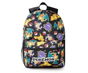 Pokémon Pikachu Charizard Gengar Meowth Backpack in Black | Kids Character All Over Print Bag | Adjustable Shoulder Straps, Front Pocket & Mesh Holder