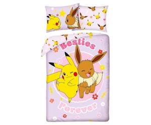 POKEMON Pikachu Eevee BESTIES FOREVER Bed Linen Set Duvet Cover 140 x 200 cm + Pillowcase 70 x 90 cm - Reversible - 100% Polyester - Pink