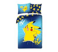 POKEMON Pikachu Electric Bed Linen Set, Duvet Cover 140 x 200 cm + Pillowcase 70 x 90 cm - Reversible - 100% Polyester - Blue