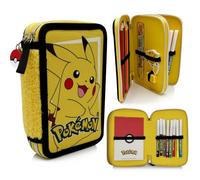 Pokémon Pikachu Filled Double Pencil Case - Complete School Stationery Set with Colouring Pencils, Markers, Notebook, Ruler, Eraser and Sharpener - Yellow - 19.5 x 13.5 x 4.5 cm