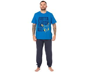 Pokemon Pikachu Mens Pyjamas | Adults Blue Loungewer Pants and T-Shirt Gaming PJ Set | Gotta Catch Em All Short Sleeve Tee Long Leg Bottoms Pajama Bundle | Cartoon Nightwear Merchandise Gift for Him